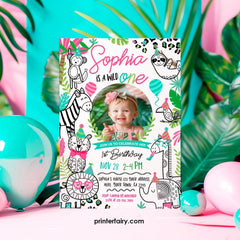 Wild One Safari 1st Birthday Invitation with Photo (Digital Download)
