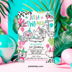 Two Wild Safari 2nd Birthday Invitation, Jungle Animals (Digital Download)