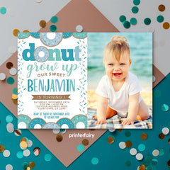 Donut Grow Up Boy 1st Birthday Invitation with Photo (INSTANT DOWNLOAD)