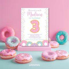 Donut 3rd Birthday Invitation Template, Candyland Party (Instant Download)