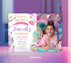 Spa Birthday Party Invitation, Photo, Glam Makeup (Editable Digital Item)