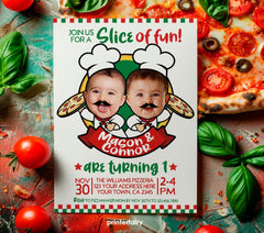 Pizza Twins Birthday Invitation with Photo (Digital)