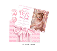 Coquette First Birthday Invitation with Photo, Pink Bow (Digital Download)