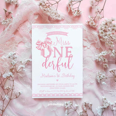 Coquette First Birthday Invitation, Pink Bow, Miss OneDerful (Editable)