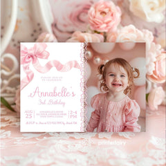 Pink Bow Birthday Invitation Template, Coquette Party (Instant Download)