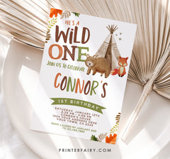 Wild One Birthday Invitation, Tribal Woodland Theme (Digital Download)