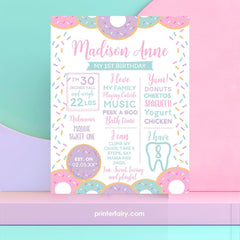 Donut 1st Birthday Milestone Board, Editable Stats Poster (Instant Download)