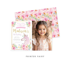 Editable Floral Unicorn Birthday Invitation with Photo (Digital Invite)