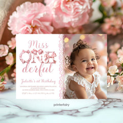 Coquette 1st Birthday Invitation, Pink Bows, Photo (Instant Download)