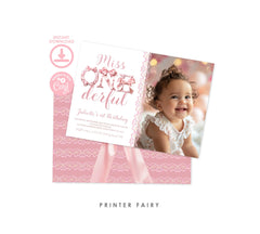 Coquette 1st Birthday Invitation, Pink Bows, Photo (Instant Download)