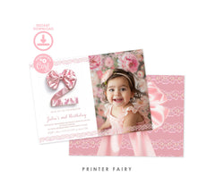Coquette 2nd Birthday Photo Invitation, Pink Bow, Editable (Digital Download)