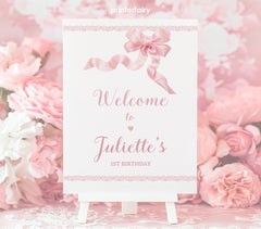 Coquette Birthday Welcome Sign, Pink Bow Decoration (Instant Download)