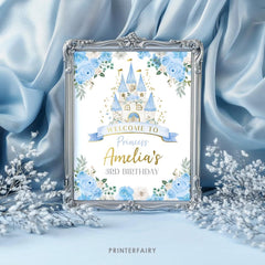 Princess Birthday Welcome Sign, Light Blue and Gold Castle (Instant Download)
