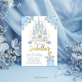 Princess Castle Birthay Party Digital Editable Printable Invitation, Light Blue and Gold, INSTANT DOWNLOAD