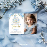Blue Princess Castle First Birthday Photo Invitation (Editable in Corjl)