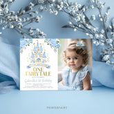 Blue Princess 1st Birthday Invitation with Photo (Editable Template)