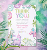 Donuts and Dinos Thank You Card, Girl Birthday (EDITABLE, Instant Download)