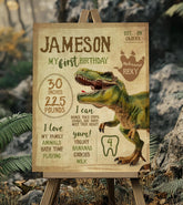 Dinosaur First Birthday Stats Board, T-Rex Party Sign (INSTANT DOWNLOAD)