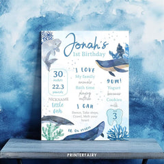 Whale First Birthday Stats Board, Ocean Animals, Editable Printable
