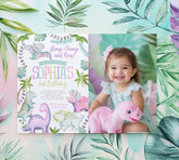 Dinosaur Girl Birthday Invitation with Photo, Editable (Instant Download)