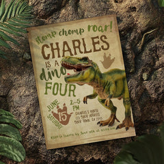 Dino Four Birthday Invitation, Editable T-Rex Party (Digital Download)