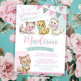 Vintage Floral Kitty Cat Birthday Invitation, Editable Digital Invite
