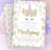 Editable Unicorn Birthday Invitation, Winter Snowflake Party (Instant Download)