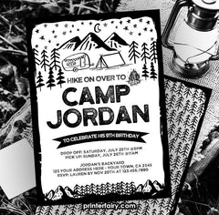Editable Camping Birthday Invitation, Black and White (Instant Download)
