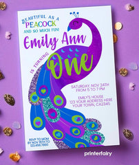Peacock First Birthday Invitation, Editable Digital Invite