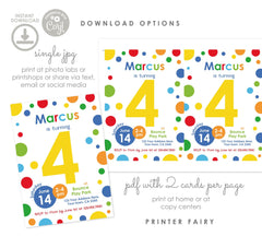 Primary Colors 4th Birthday Invitation, Confetti Party (Instant Download)