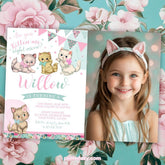 Vintage Floral Kitty Cat Birthday Invitation, Photo Template (Instant Download)