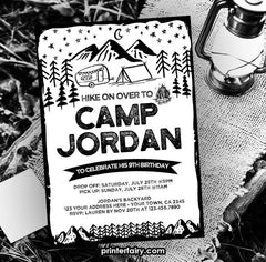 Editable Camping Birthday Invitation, Black and White (Instant Download)