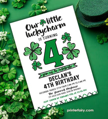 St Patricks Day Birthday Invitation Editable Template for ANY AGE, Handmade, Lucky One Invite, Shamrock Invitation, Instant Download