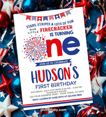 Firecracker First Birthday Invitation, 4th of July (Digital)
