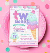 Ice Cream 2nd Birthday Inviation Editable Template, TWO Sweet Birthday Party Invite, Instant Download