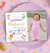 Mercat Birthday Invitation with Photo, Editable Meowmaid Kitty Invite (Instant Download)