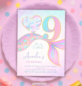 Mermaid 9th Birthday Invitation, Under the Sea Party (Editable Template, Digital Download)