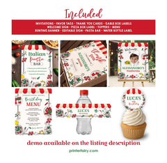 Little Meatball 2nd Birthday Party Kit, Italian Pizza (Editable Template)