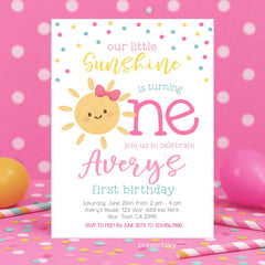 Little Sunshine Birthday Invitation, Girl 1st Birthday (Editable Template)