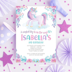 Unicorn Birthday Invitation, Magical Floral Party (Digital Download)