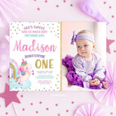 Editable Unicorn First Birthday Invitation with Photo (Digital Invite)