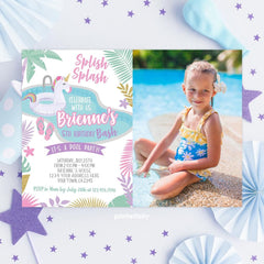 Unicorn Pool Birthday Invitation with Photo, Editable (Digital Download)