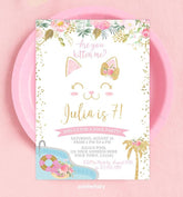 Floral Kitty Cat Pool Party Invitation – Girls Birthday, Editable Template (Instant Download)