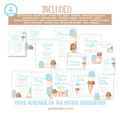 Ice Cream Baby Shower Bundle, Party Printables (EDITABLE, Instant Download)