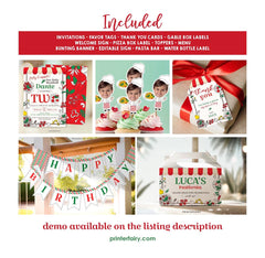 Little Meatball 2nd Birthday Party Kit, Italian Pizza (Editable Template)