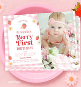Strawberry First Birthday Invitation with Photo (Editable Template)