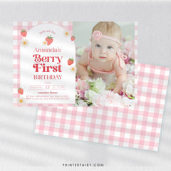 Strawberry First Birthday Invitation with Photo (Editable Template)
