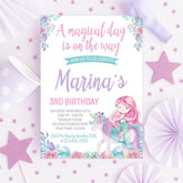 Unicorn Mermaid Birthday Invitation, Editable Floral Party (Instant Download)