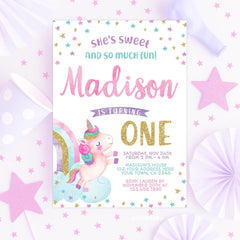 Unicorn First Birthday Invitation, Editable Rainbow Party (Digital Invite)