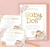 Doll Adoption Certificate, Floral Party Sign (EDITABLE Digital Download)